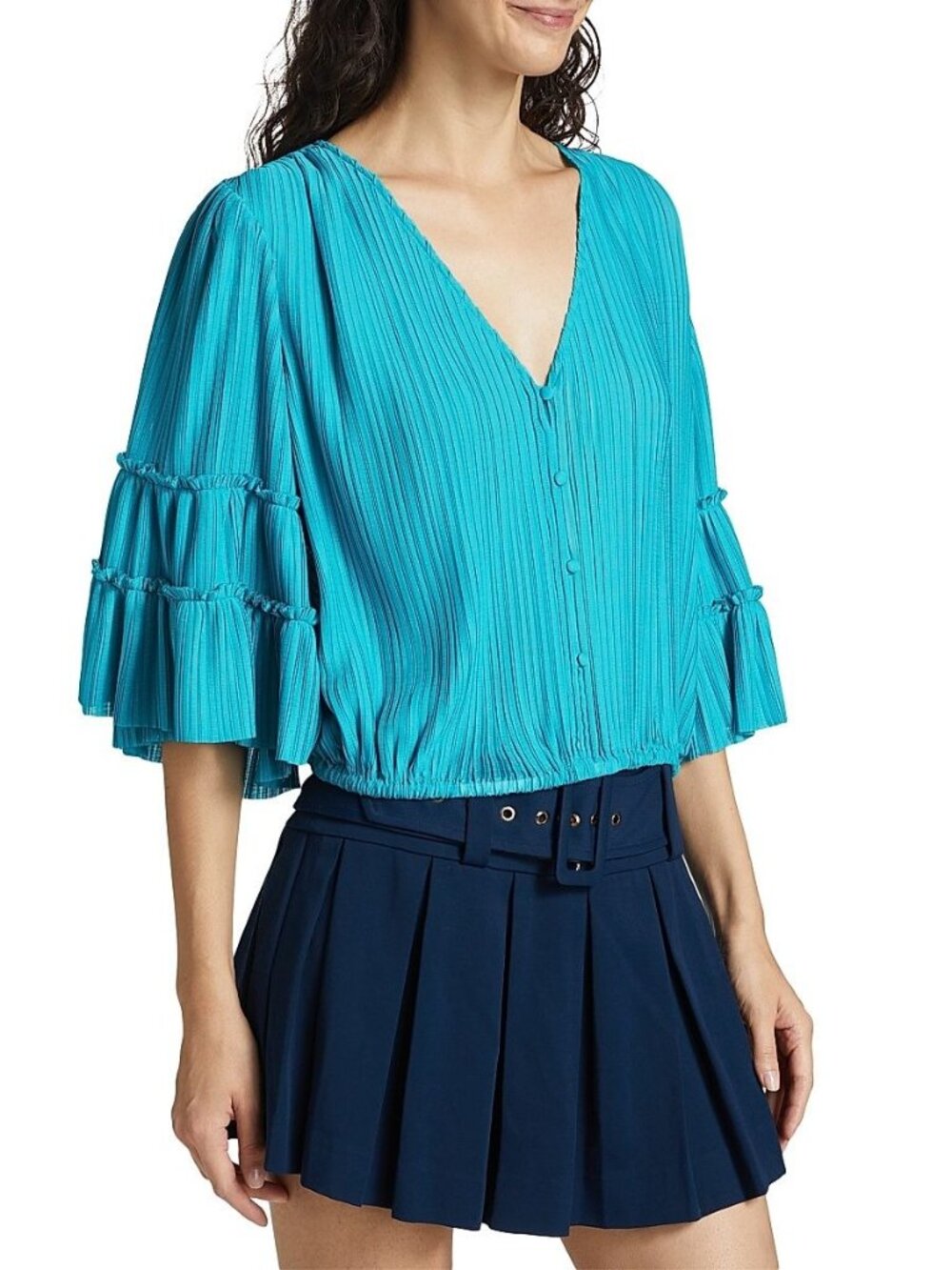 Ramy Brook Naya Pleated Crop Top XXL Calypso Blue NWT V Neck MSRP $365 - Picture 3 of 8